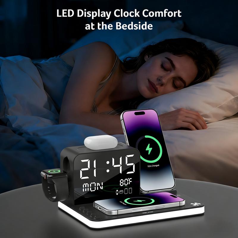 7-in-lWirelessCharging Stationwith LED NightLight, BluetoothClock, USB-A &USB-C, Gift Ready