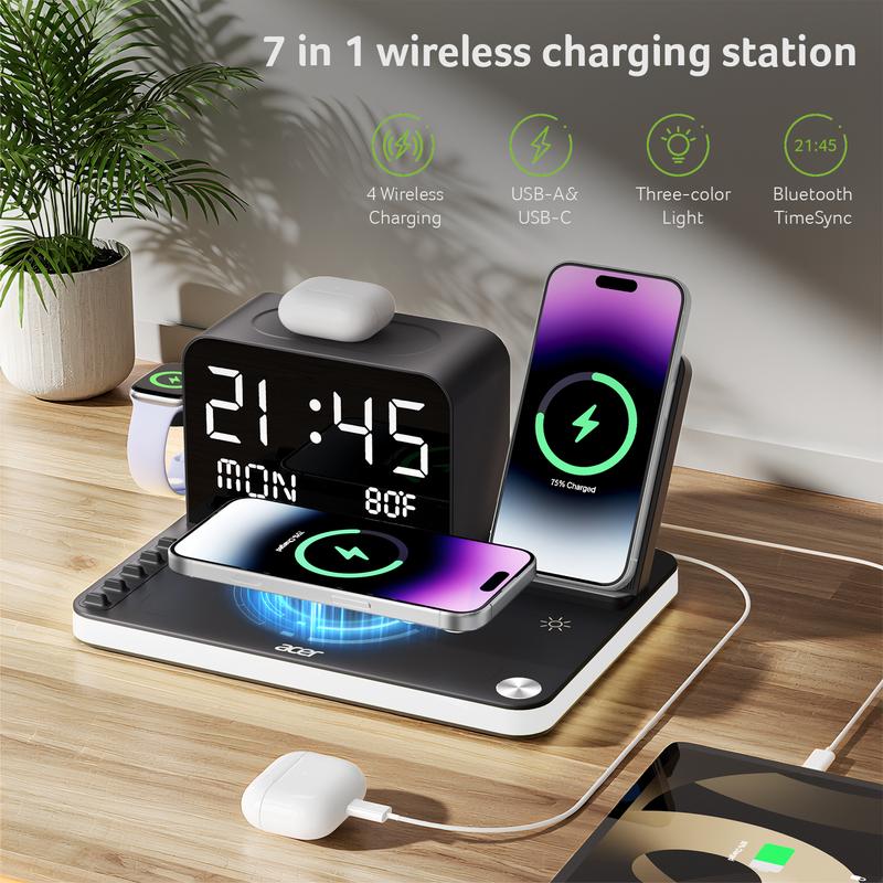 7-in-lWirelessCharging Stationwith LED NightLight, BluetoothClock, USB-A &USB-C, Gift Ready