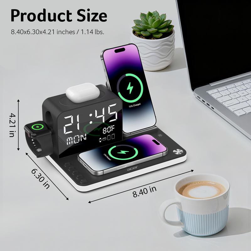 7-in-lWirelessCharging Stationwith LED NightLight, BluetoothClock, USB-A &USB-C, Gift Ready