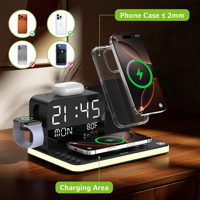 7-in-lWirelessCharging Stationwith LED NightLight, BluetoothClock, USB-A &USB-C, Gift Ready