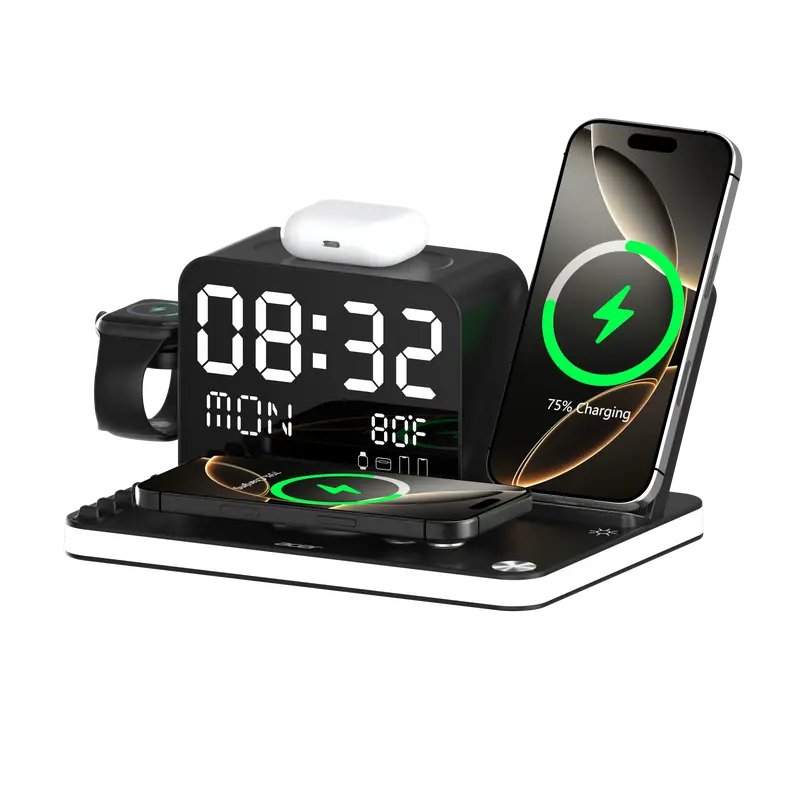 7-in-lWirelessCharging Stationwith LED NightLight, BluetoothClock, USB-A &USB-C, Gift Ready